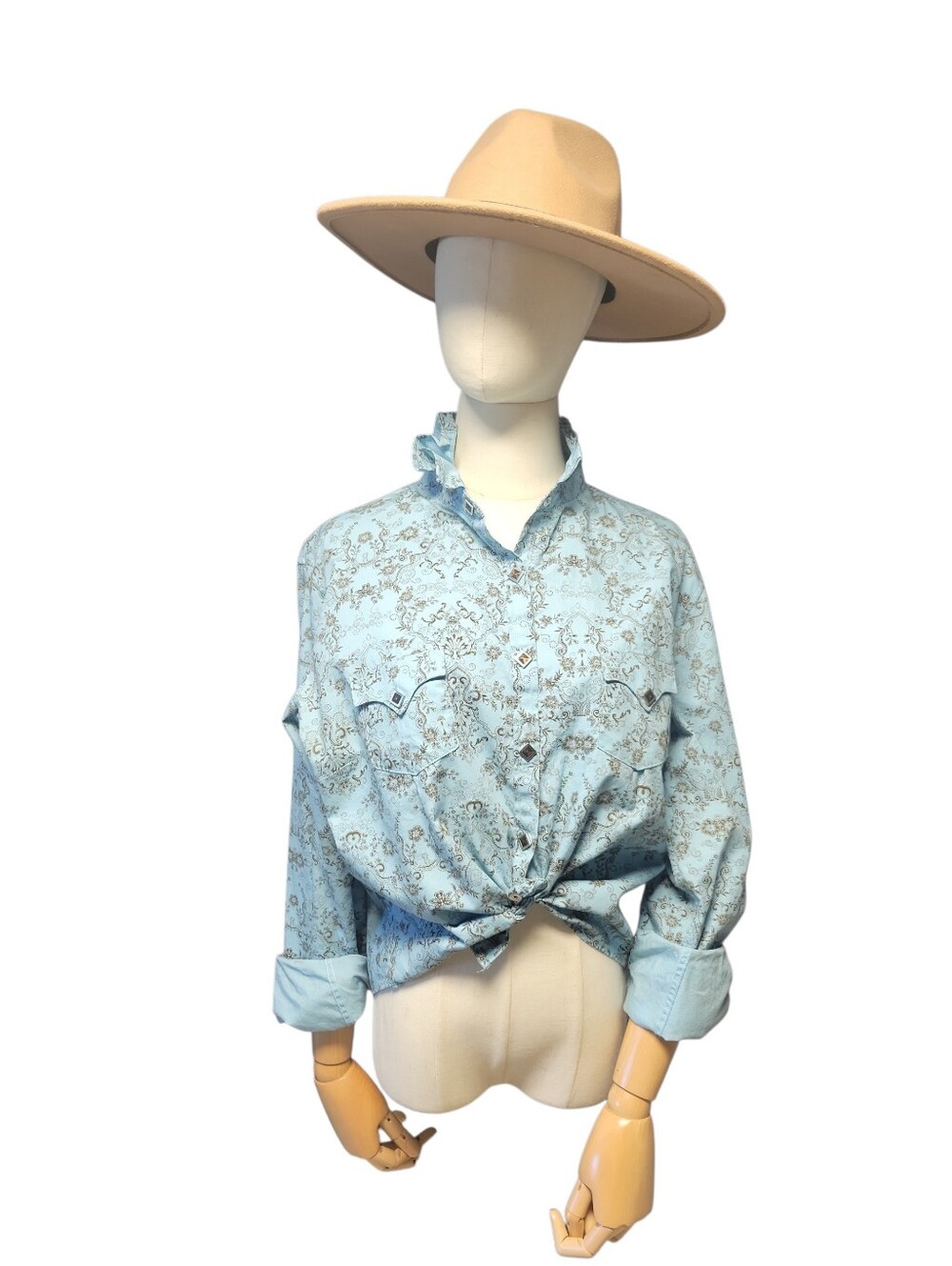 Upcycled Ruffled Collar Western Light Blue Floral Button-Down Shirt Womens